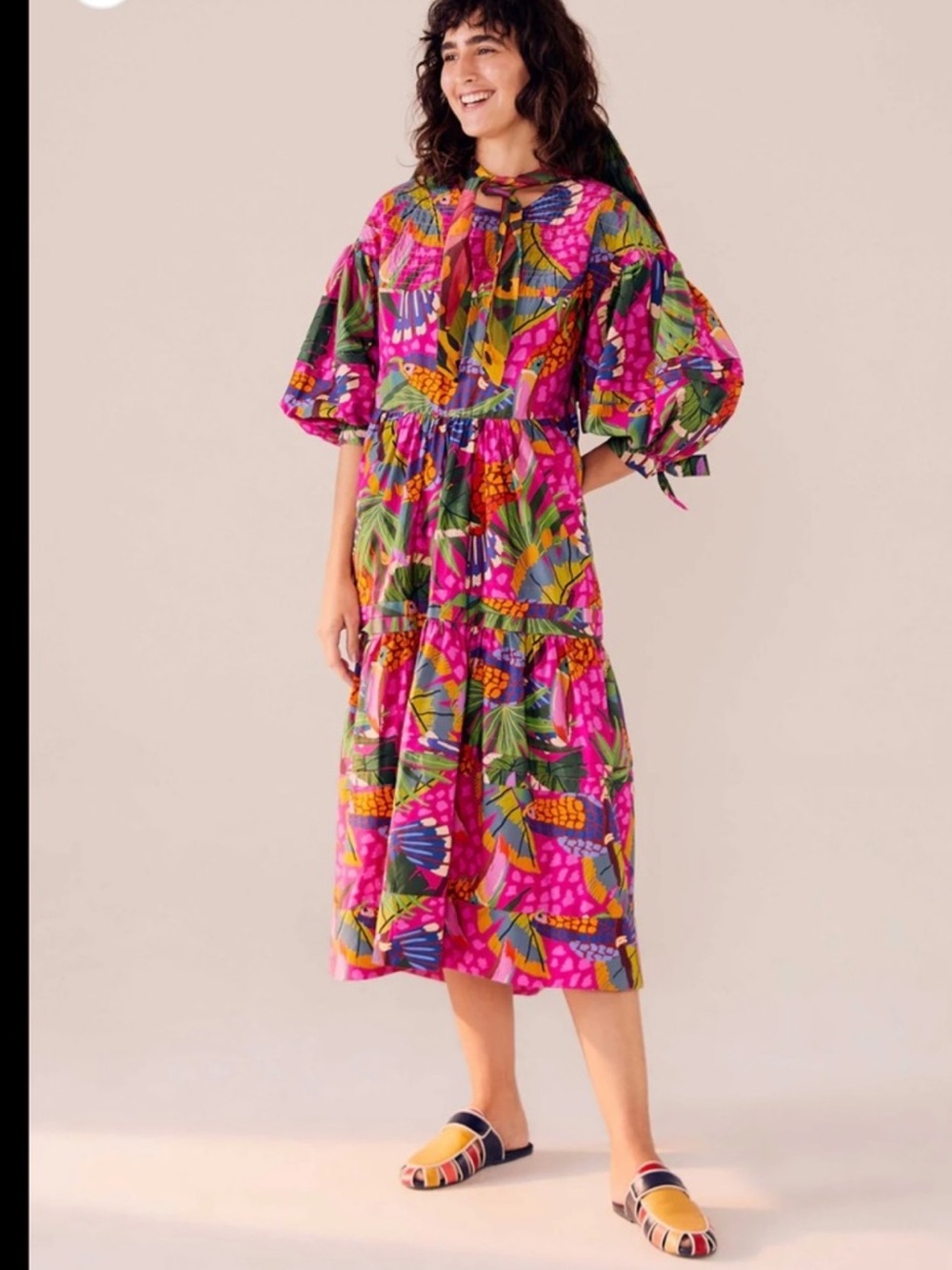 Farm Rio Anthropologie tropical 3/4 sleeve fitted bodice tiered midi dress XS